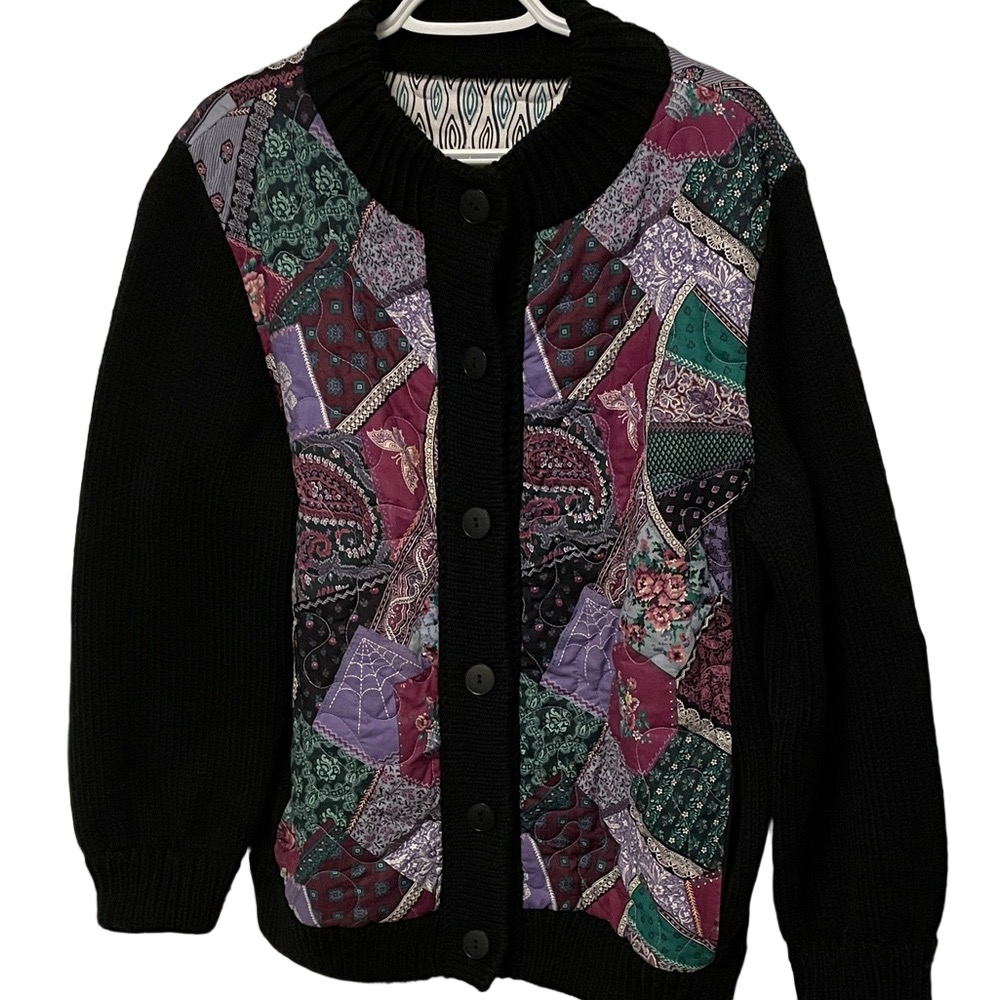 Vintage Handcrafted Knit Cardigan Sweater with Quilted Fabric Size XL